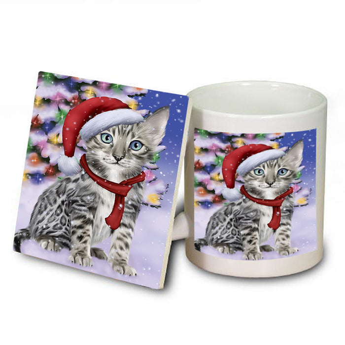 Winterland Wonderland Bengal Cat In Christmas Holiday Scenic Background Mug and Coaster Set MUC53726