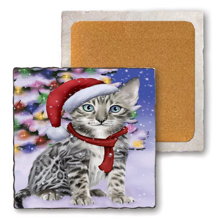 Winterland Wonderland Bengal Cat In Christmas Holiday Scenic Background Set of 4 Natural Stone Marble Tile Coasters MCST48734