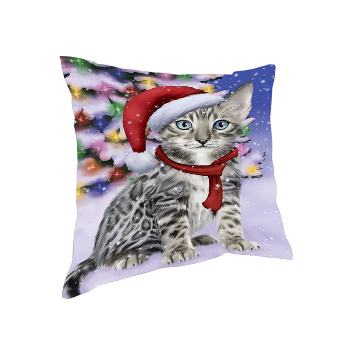 Winterland Wonderland Bengal Cat In Christmas Holiday Scenic Background Pillow PIL71560
