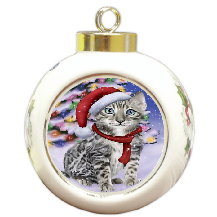 Winterland Wonderland Bengal Cat In Christmas Holiday Scenic Background Round Ball Christmas Ornament RBPOR53734
