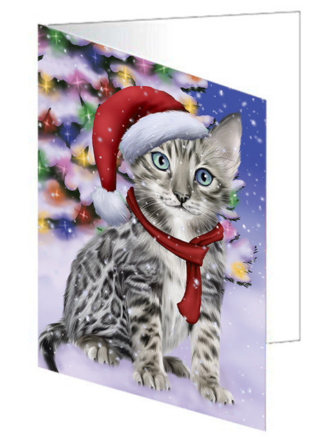 Winterland Wonderland Bengal Cat In Christmas Holiday Scenic Background Handmade Artwork Assorted Pets Greeting Cards and Note Cards with Envelopes for All Occasions and Holiday Seasons GCD65231