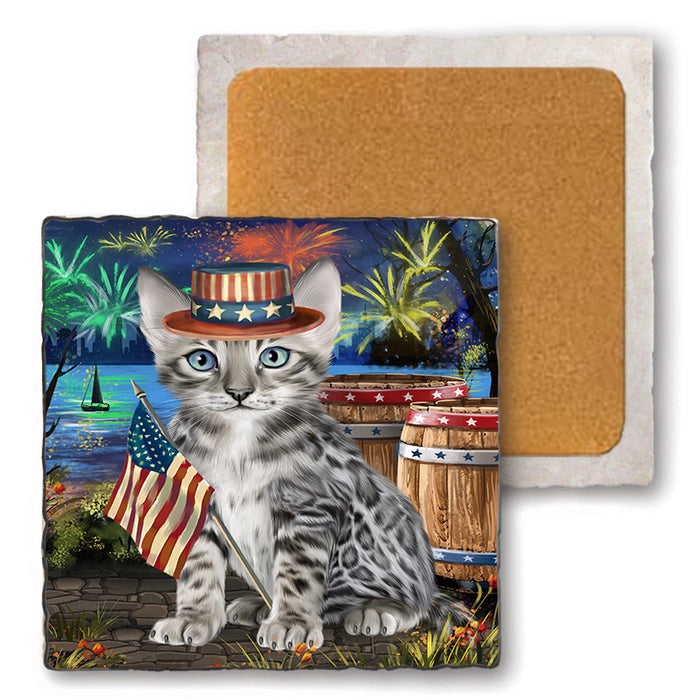 4th of July Independence Day Firework Bengal Cat Set of 4 Natural Stone Marble Tile Coasters MCST49036