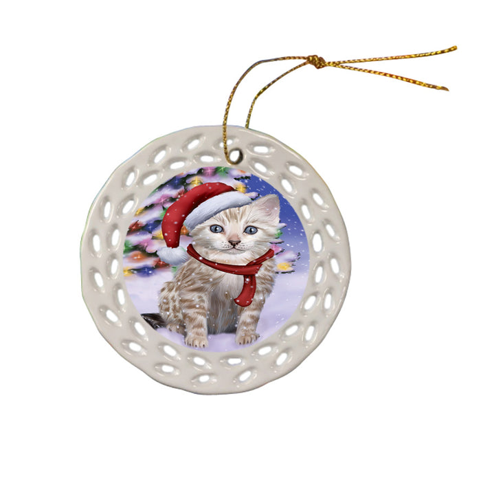 Winterland Wonderland Bengal Cat In Christmas Holiday Scenic Background Ceramic Doily Ornament DPOR53735