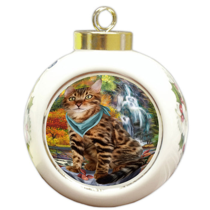 Scenic Waterfall Bengal Cat Round Ball Christmas Ornament RBPOR51829