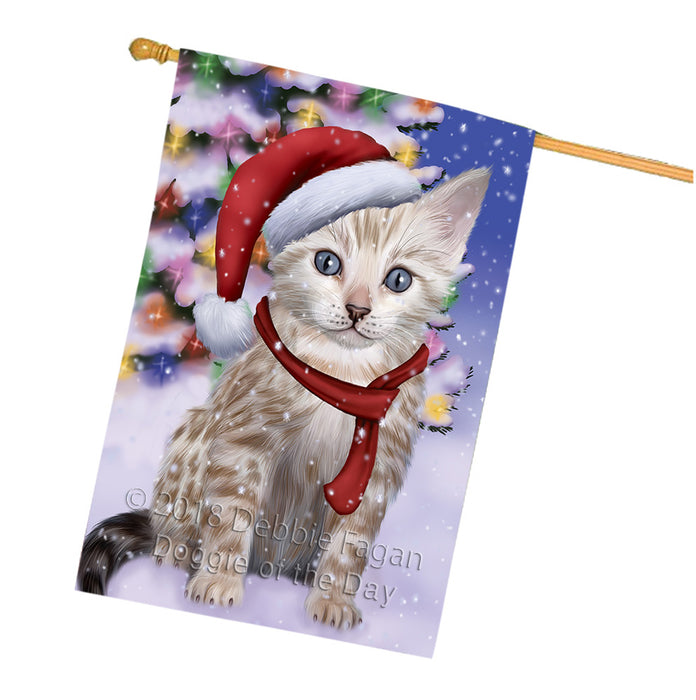 Winterland Wonderland Bengal Cat In Christmas Holiday Scenic Background House Flag FLG53933