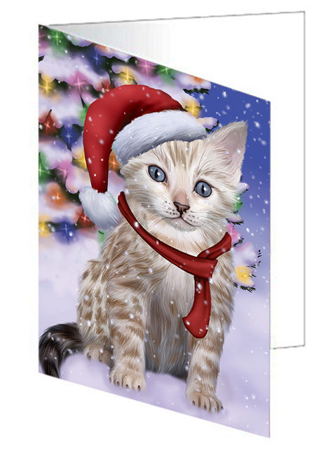Winterland Wonderland Bengal Cat In Christmas Holiday Scenic Background Handmade Artwork Assorted Pets Greeting Cards and Note Cards with Envelopes for All Occasions and Holiday Seasons GCD65234