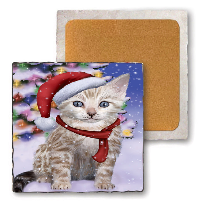 Winterland Wonderland Bengal Cat In Christmas Holiday Scenic Background Set of 4 Natural Stone Marble Tile Coasters MCST48735
