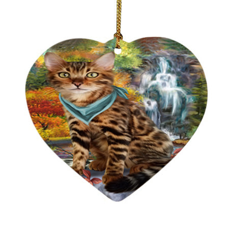 Scenic Waterfall Bengal Cat Heart Christmas Ornament HPOR51829
