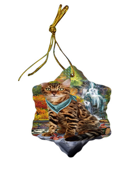Scenic Waterfall Bengal Cat Star Porcelain Ornament SPOR51820