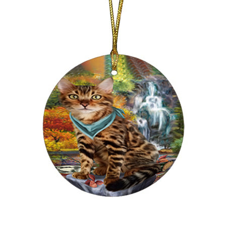 Scenic Waterfall Bengal Cat Round Flat Christmas Ornament RFPOR51820