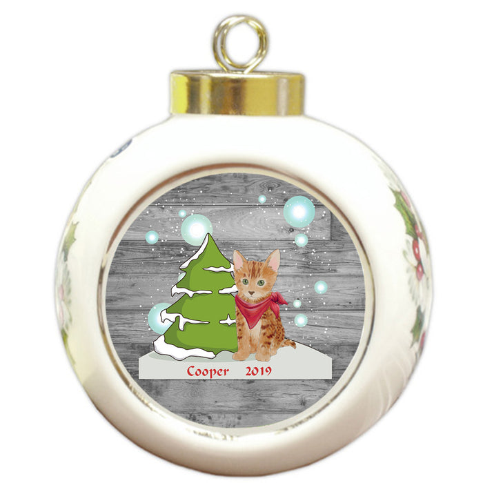 Custom Personalized Winter Scenic Tree and Presents Bengal Cat Christmas Round Ball Ornament