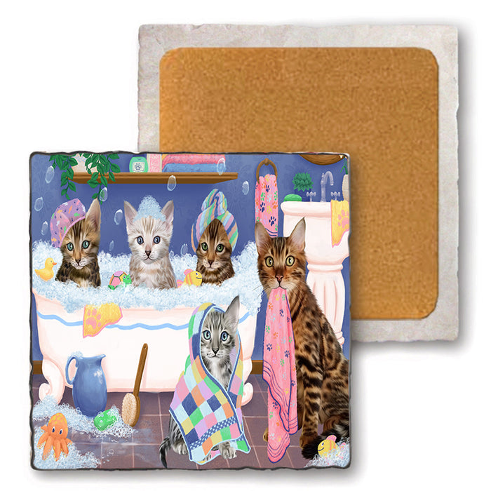 Rub A Dub Dogs In A Tub Bengal Cats Set of 4 Natural Stone Marble Tile Coasters MCST51762