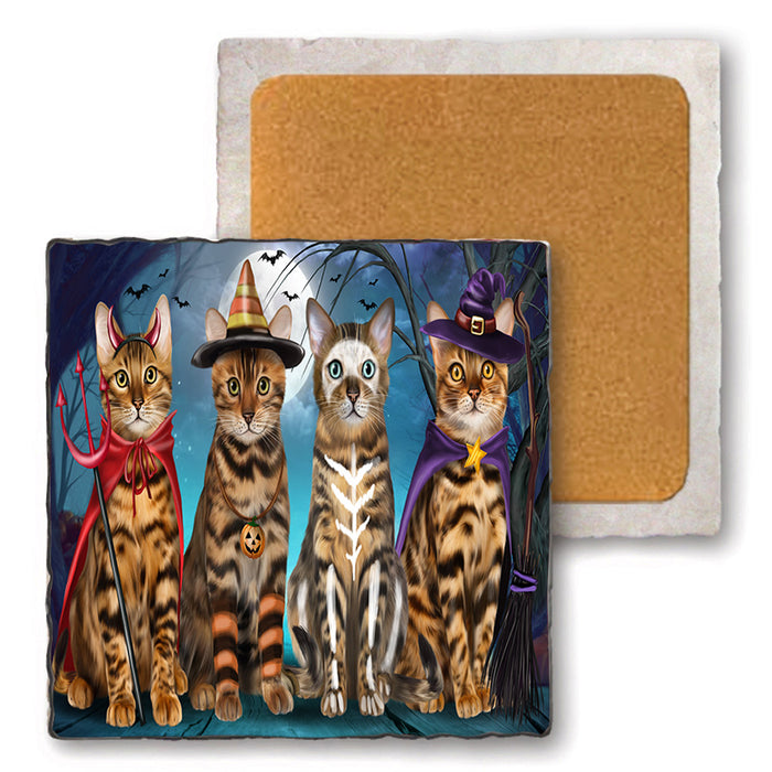 Happy Halloween Trick or Treat Bengal Cats Set of 4 Natural Stone Marble Tile Coasters MCST49478