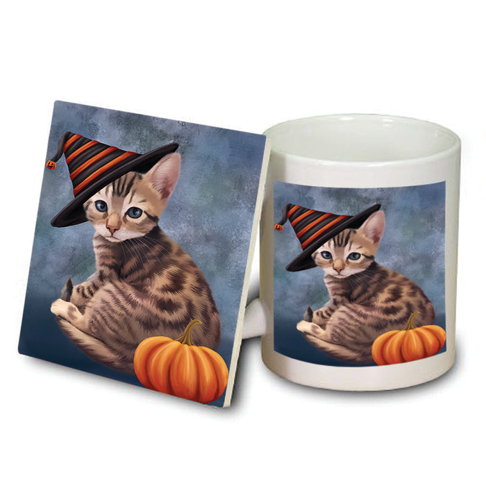 Happy Halloween Bengal Cat Wearing Witch Hat with Pumpkin Mug and Coaster Set MUC54855