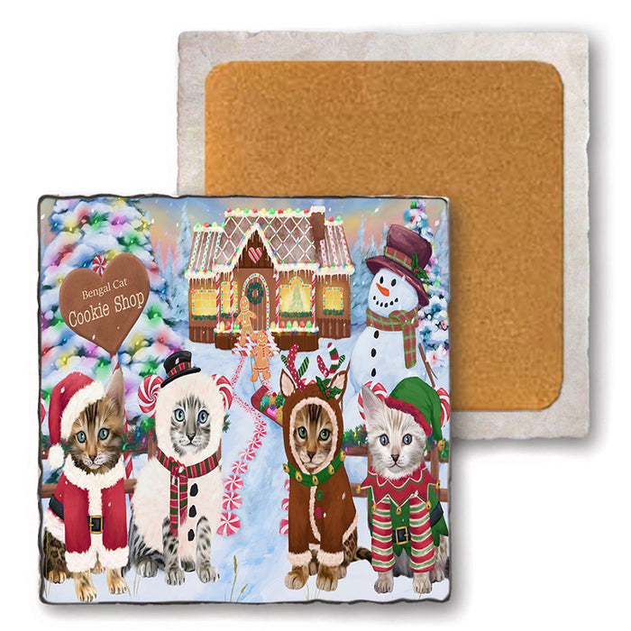 Holiday Gingerbread Cookie Shop Bengal Cats Set of 4 Natural Stone Marble Tile Coasters MCST51104