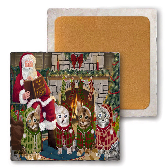 Christmas Cozy Holiday Tails Bengal Cats Set of 4 Natural Stone Marble Tile Coasters MCST50098