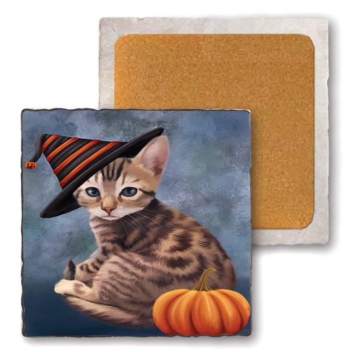 Happy Halloween Bengal Cat Wearing Witch Hat with Pumpkin Set of 4 Natural Stone Marble Tile Coasters MCST49863