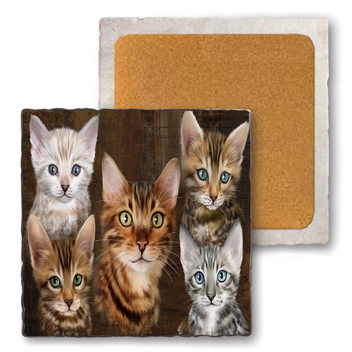 Rustic 5 Bengal Cat Set of 4 Natural Stone Marble Tile Coasters MCST49126