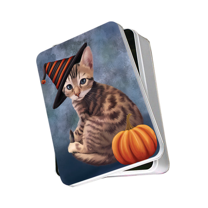 Happy Halloween Bengal Cat Wearing Witch Hat with Pumpkin Photo Storage Tin PITN54806