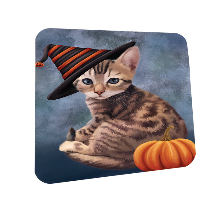 Happy Halloween Bengal Cat Wearing Witch Hat with Pumpkin Coasters Set of 4 CST54821