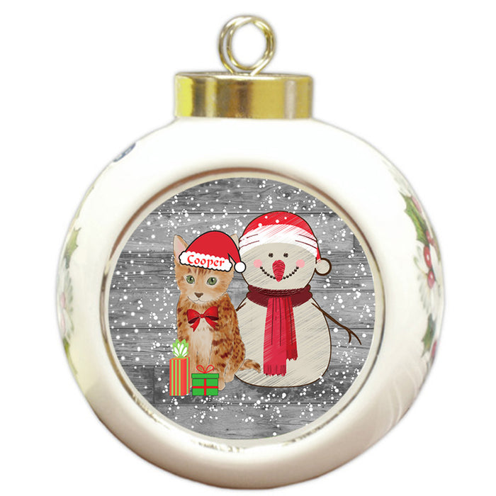 Custom Personalized Snowy Snowman and Bengal Cat Christmas Round Ball Ornament