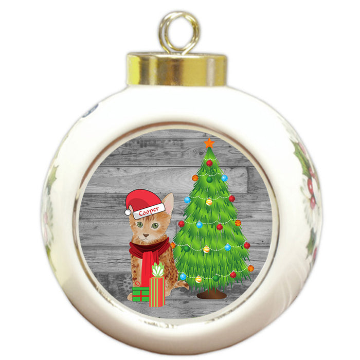 Custom Personalized Bengal Cat With Tree and Presents Christmas Round Ball Ornament