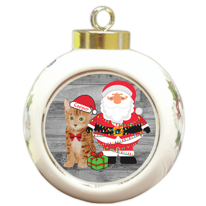 Custom Personalized Bengal Cat With Santa Wrapped in Light Christmas Round Ball Ornament