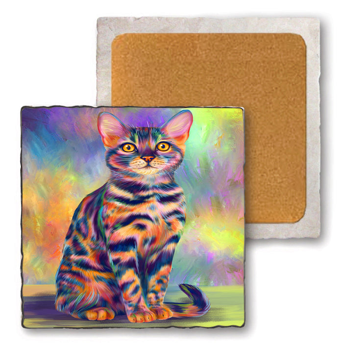 Paradise Wave Bengal Cat Set of 4 Natural Stone Marble Tile Coasters MCST51055