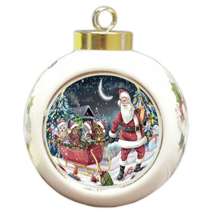 Santa Sled Dogs Christmas Happy Holidays Bengal Cats Round Ball Christmas Ornament RBPOR51713