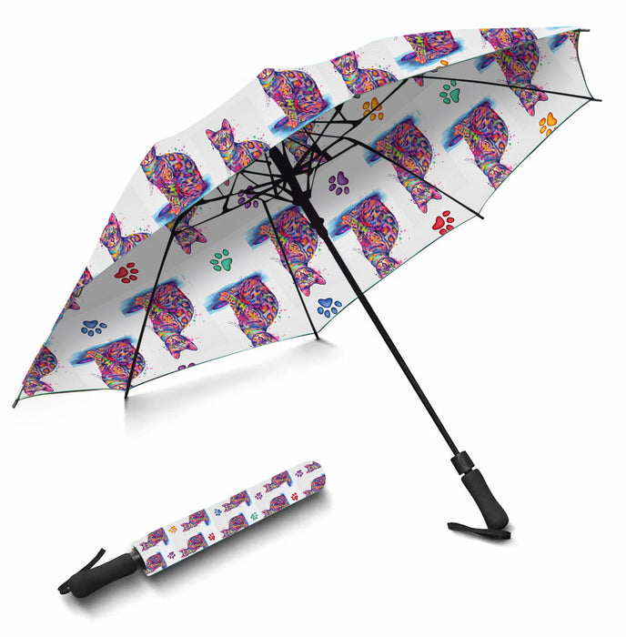Watercolor Mini Bengal CatsSemi-Automatic Foldable Umbrella