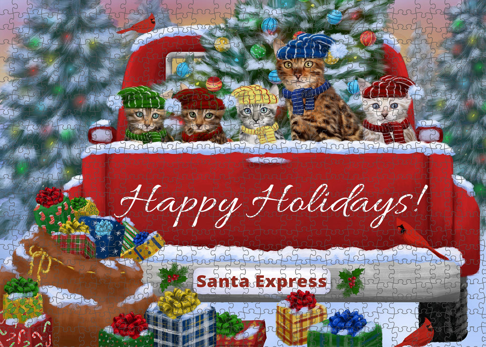 Christmas Red Truck Travlin Home for the Holidays Bengal Cats Portrait Jigsaw Puzzle for Adults Animal Interlocking Puzzle Game Unique Gift for Dog Lover's with Metal Tin Box