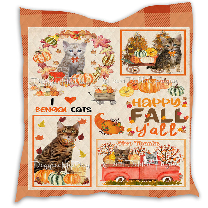 Happy Fall Y'all Pumpkin Bengal Cats Quilt Bed Coverlet Bedspread - Pets Comforter Unique One-side Animal Printing - Soft Lightweight Durable Washable Polyester Quilt