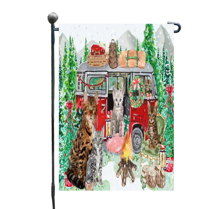 Christmas Time Camping with Bengal Cats Garden Flags- Outdoor Double Sided Garden Yard Porch Lawn Spring Decorative Vertical Home Flags 12 1/2"w x 18"h