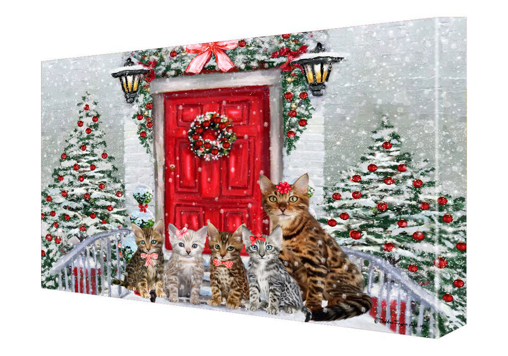 Christmas Holiday Welcome Bengal Cats Canvas Wall Art - Premium Quality Ready to Hang Room Decor Wall Art Canvas - Unique Animal Printed Digital Painting for Decoration