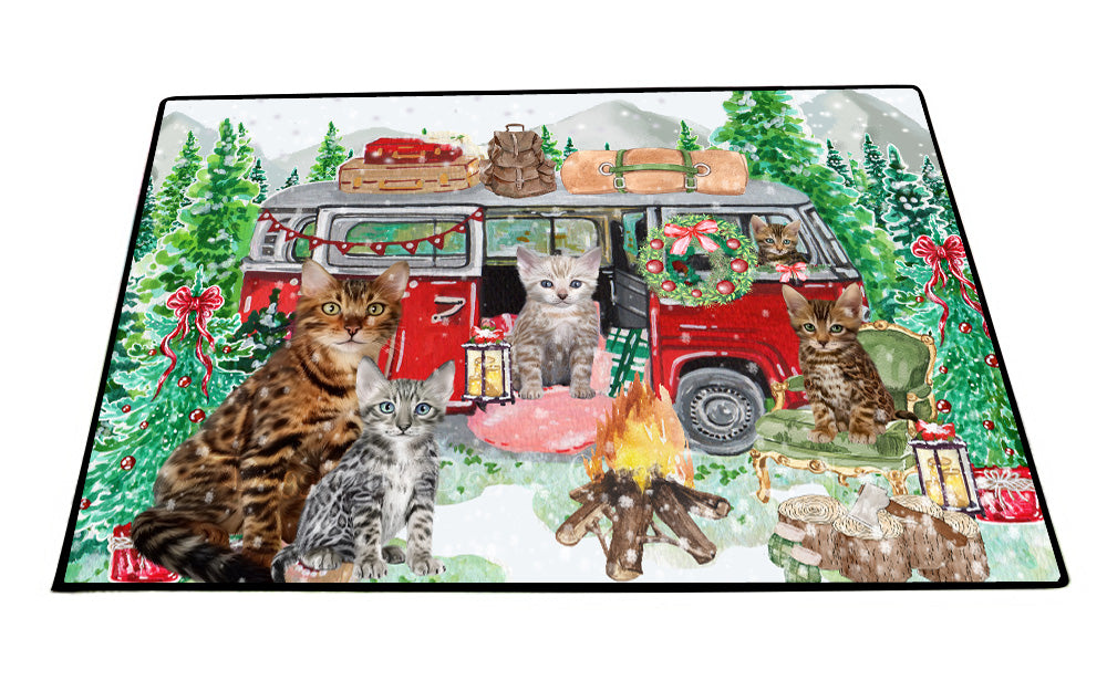 Christmas Time Camping with Bengal Cats Floor Mat- Anti-Slip Pet Door Mat Indoor Outdoor Front Rug Mats for Home Outside Entrance Pets Portrait Unique Rug Washable Premium Quality Mat