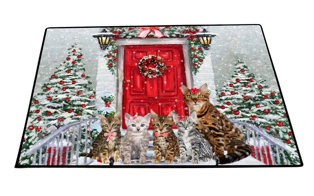 Christmas Holiday Welcome Bengal Cats Floor Mat- Anti-Slip Pet Door Mat Indoor Outdoor Front Rug Mats for Home Outside Entrance Pets Portrait Unique Rug Washable Premium Quality Mat