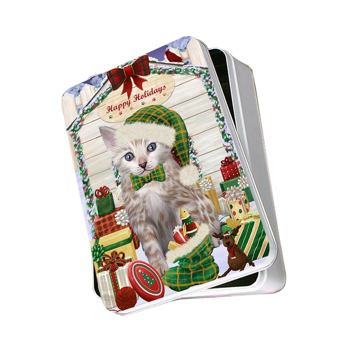 Happy Holidays Christmas Bengal Cat With Presents Photo Storage Tin PITN52630