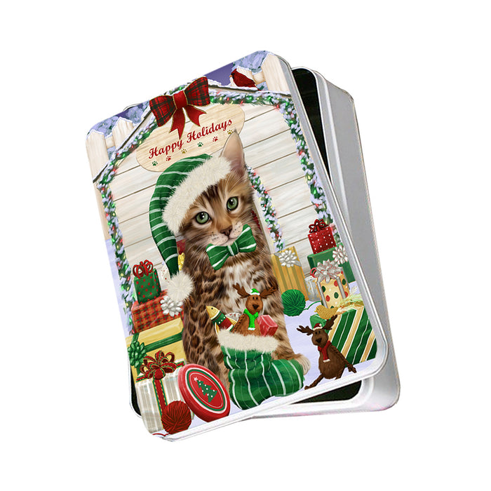 Happy Holidays Christmas Bengal Cat With Presents Photo Storage Tin PITN52631