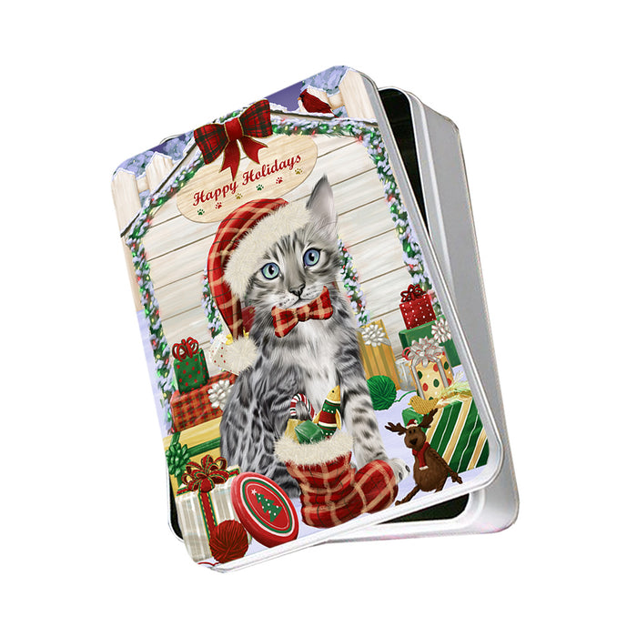 Happy Holidays Christmas Bengal Cat With Presents Photo Storage Tin PITN52632