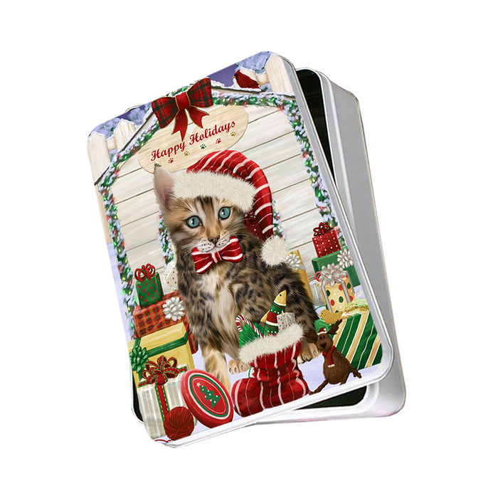 Happy Holidays Christmas Bengal Cat With Presents Photo Storage Tin PITN52633