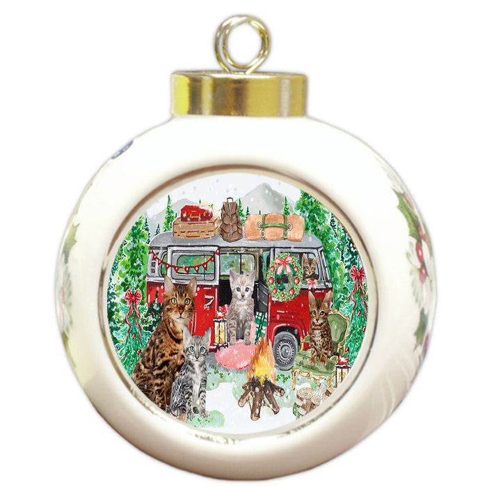 Christmas Time Camping with Bengal Cats Round Ball Christmas Ornament Pet Decorative Hanging Ornaments for Christmas X-mas Tree Decorations - 3" Round Ceramic Ornament