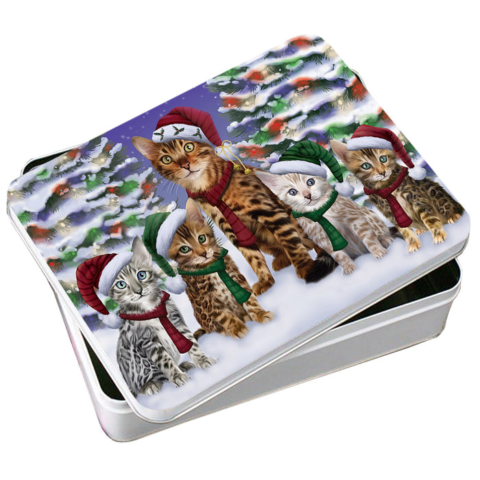 Bengal Cats Christmas Family Portrait in Holiday Scenic Background Photo Storage Tin PITN52706