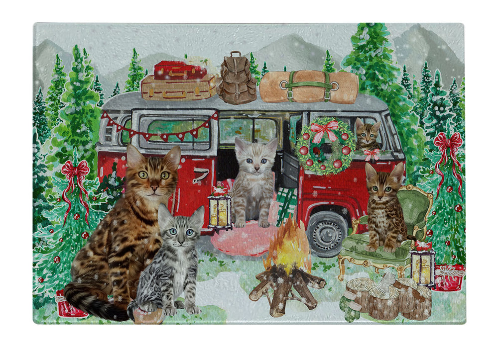 Christmas Time Camping with Bengal Cats Cutting Board - For Kitchen - Scratch & Stain Resistant - Designed To Stay In Place - Easy To Clean By Hand - Perfect for Chopping Meats, Vegetables