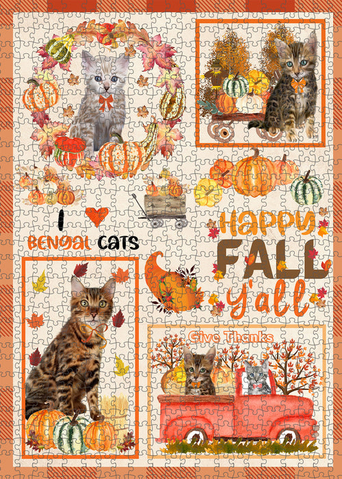 Happy Fall Y'all Pumpkin Bengal Cats Portrait Jigsaw Puzzle for Adults Animal Interlocking Puzzle Game Unique Gift for Dog Lover's with Metal Tin Box