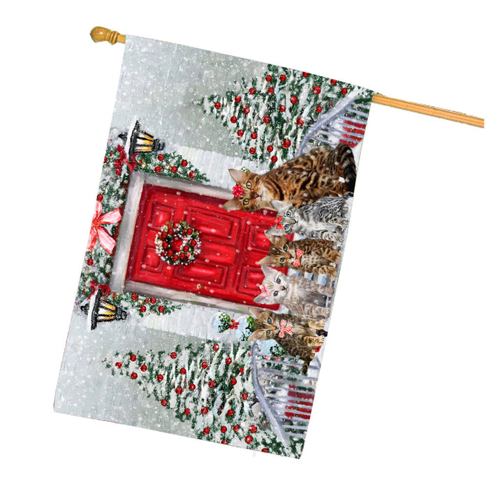 Christmas Holiday Welcome Bengal Cats House Flag Outdoor Decorative Double Sided Pet Portrait Weather Resistant Premium Quality Animal Printed Home Decorative Flags 100% Polyester
