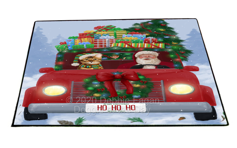 Christmas Honk Honk Red Truck Here Comes with Santa and Bengal Cat Indoor/Outdoor Welcome Floormat - Premium Quality Washable Anti-Slip Doormat Rug FLMS56782