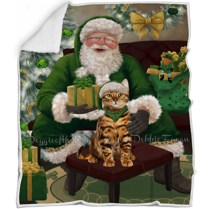 Christmas Irish Santa with Gift and Bengal Cat Blanket BLNKT141213