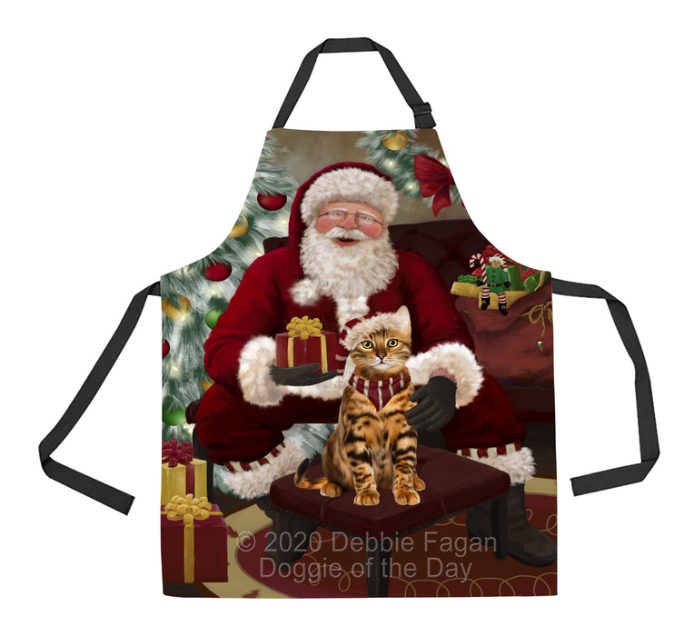 Santa's Christmas Surprise Bengal Cat Apron - Adjustable Long Neck Bib for Adults - Waterproof Polyester Fabric With 2 Pockets - Chef Apron for Cooking, Dish Washing, Gardening, and Pet Grooming