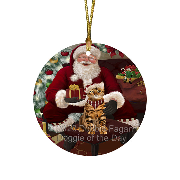 Santa's Christmas Surprise Bengal Cat Round Flat Christmas Ornament RFPOR57999