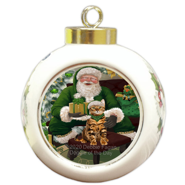 Christmas Irish Santa with Gift and Bengal Cat Round Ball Christmas Ornament RBPOR57901